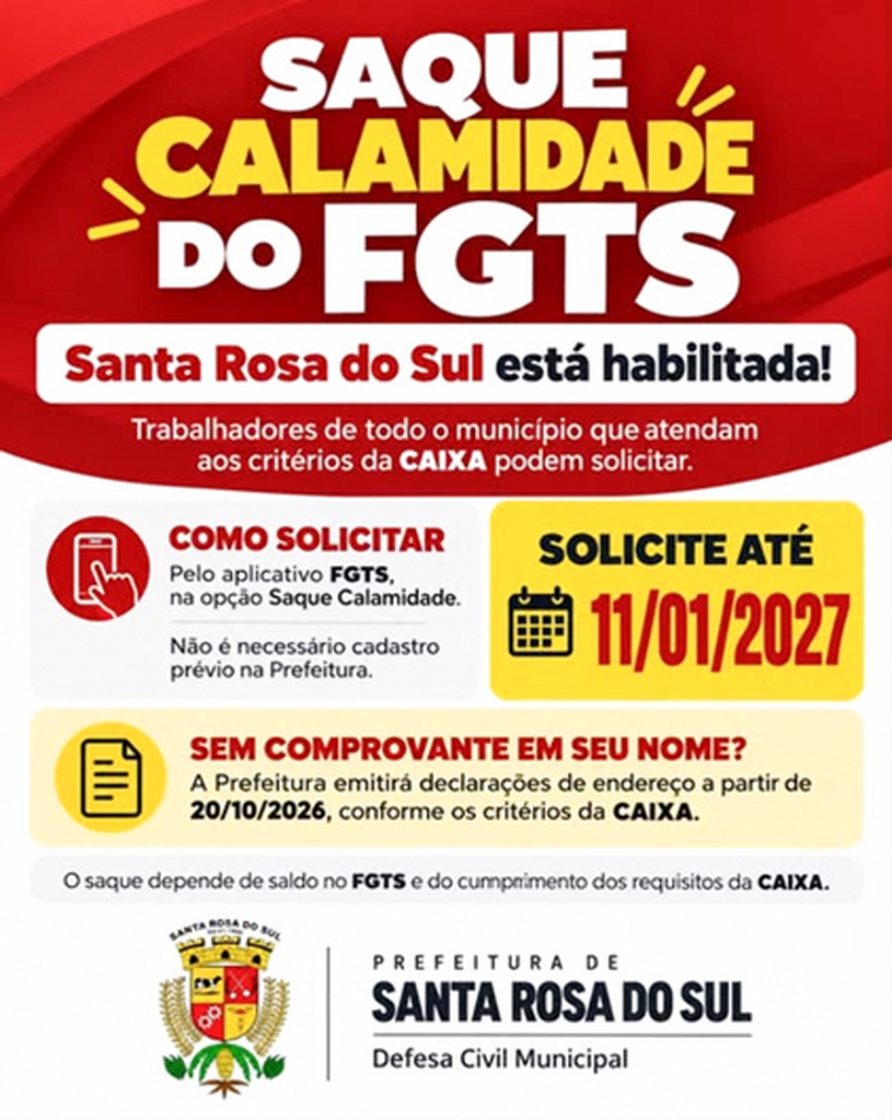 LIBERADO EM SANTA ROSA DO SUL O SAQUE CALAMIDADE DO FGTS PARA OS TRABALHADORES DO MUNICÍPIO