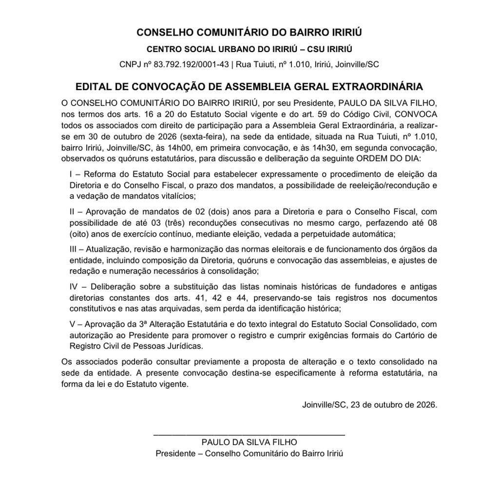 EDITAL DE CONVOCAÇÃO DE ASSEMBLEIA GERAL EXTRAORDINÁRIA