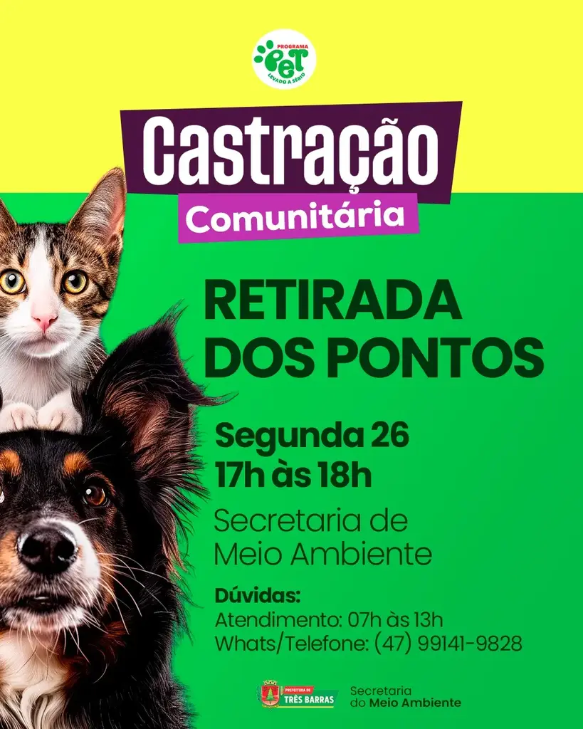 Atenção: Retirada de pontos dos animais castrados acontece nesta segunda-feira (26)