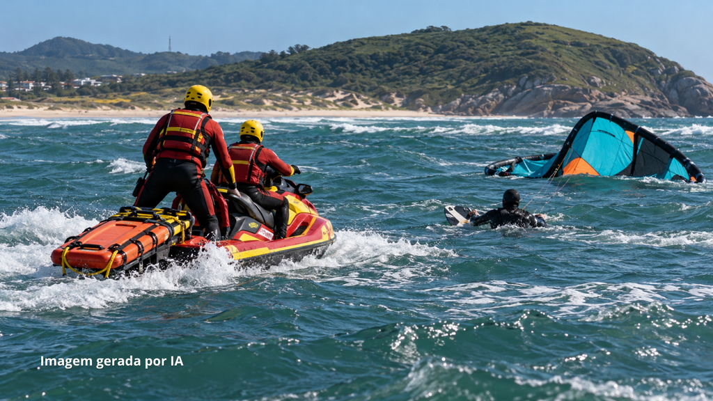 Estrangeiro cai de prancha de kitesurf e mobiliza resgate dos bombeiros em Imbituba