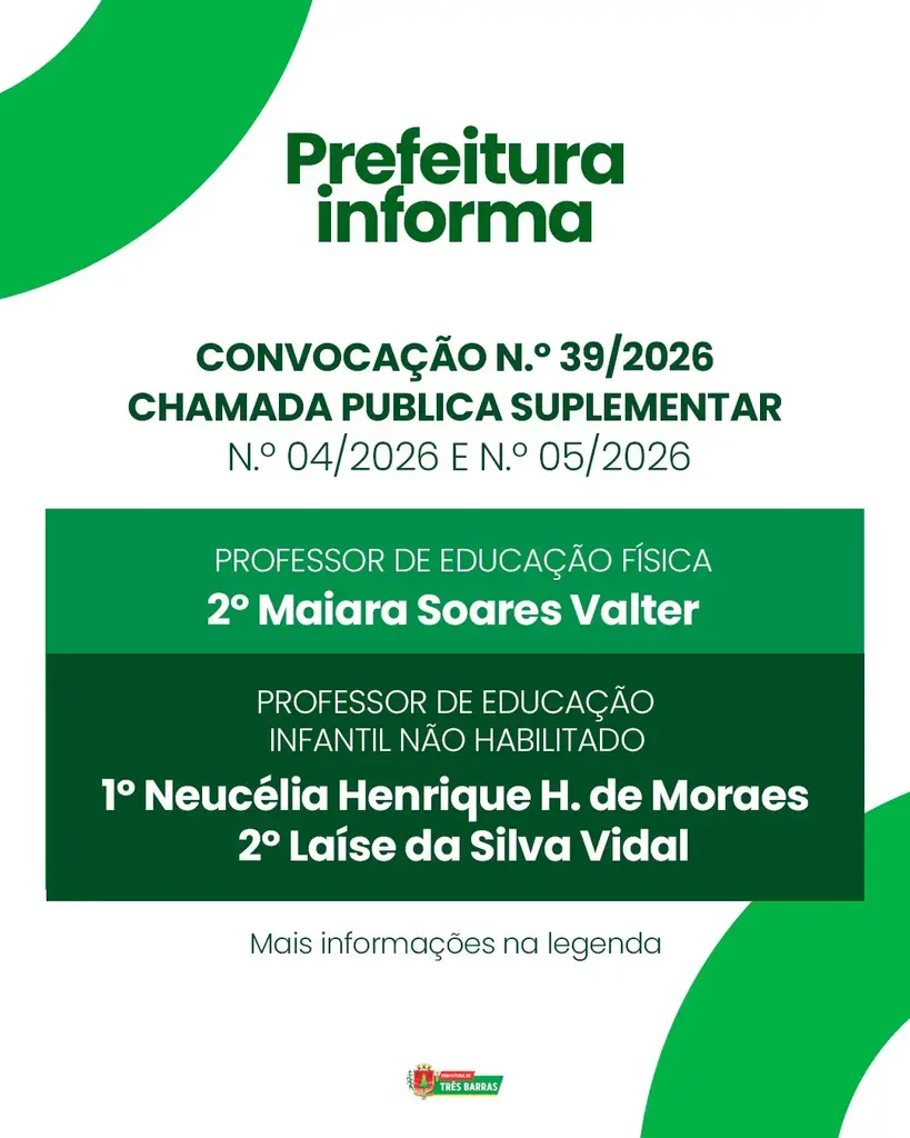 Prefeitura de Três Barras convoca candidatas aprovadas em Chamada Pública Suplementar