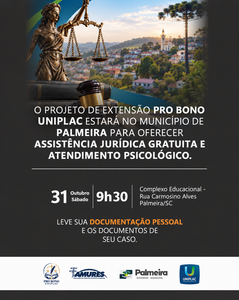 Projeto Pro Bono da UNIPLAC leva atendimento jurídico e psicológico gratuito a Palmeira
