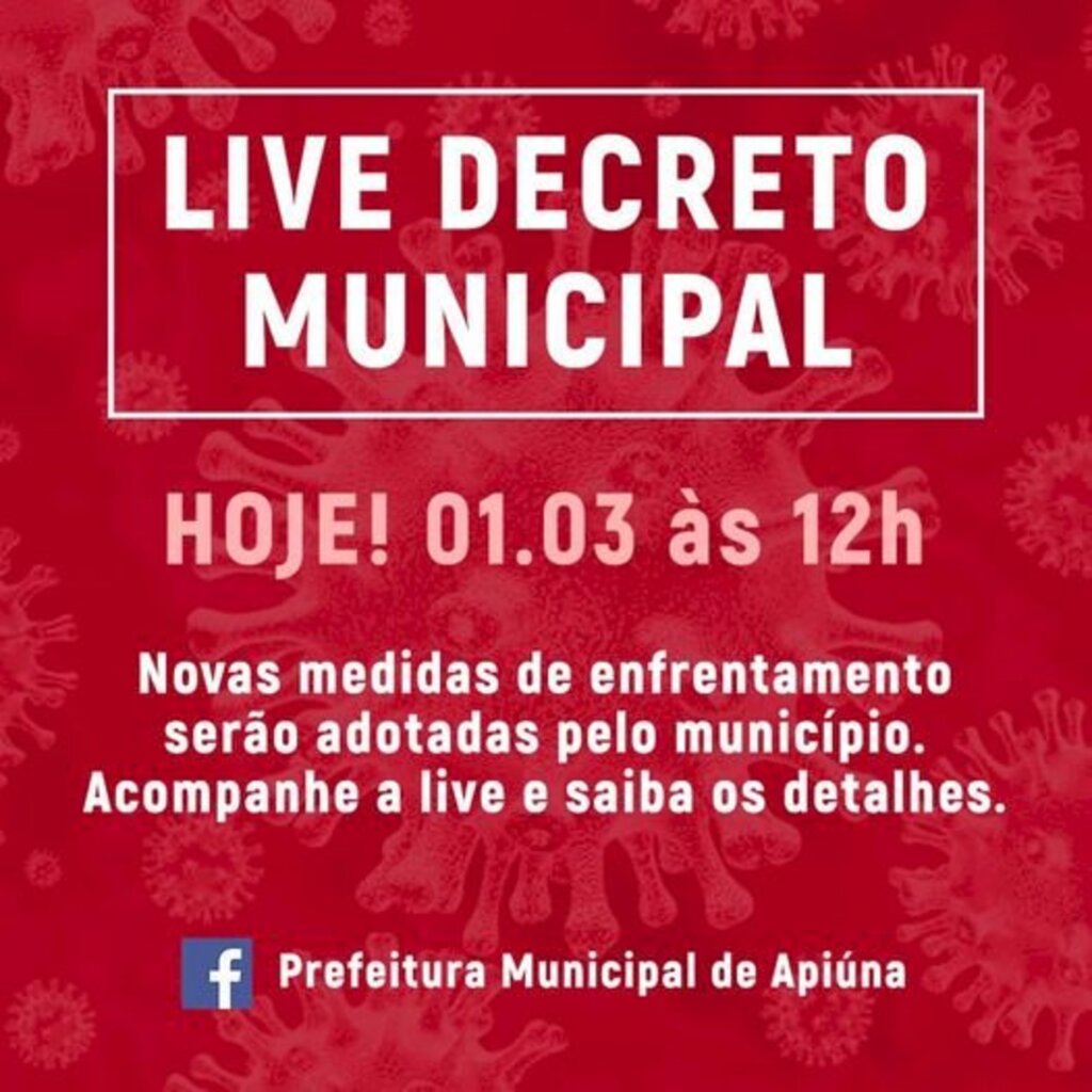 Prefeito de Apiúna apresentará as novas medidas em live