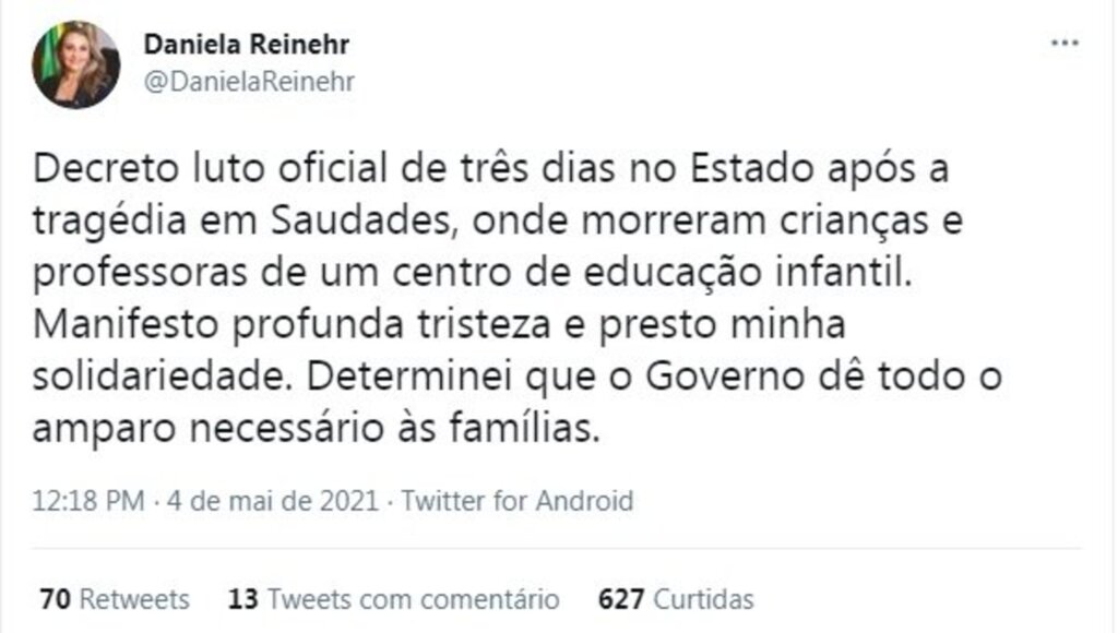 Daniela anuncia luto por tragédia em Saudades