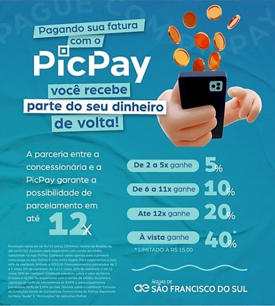 Parceria entre Águas de São Francisco do Sul e PicPay segue oferecendo dinheiro de volta no pagamento das faturas