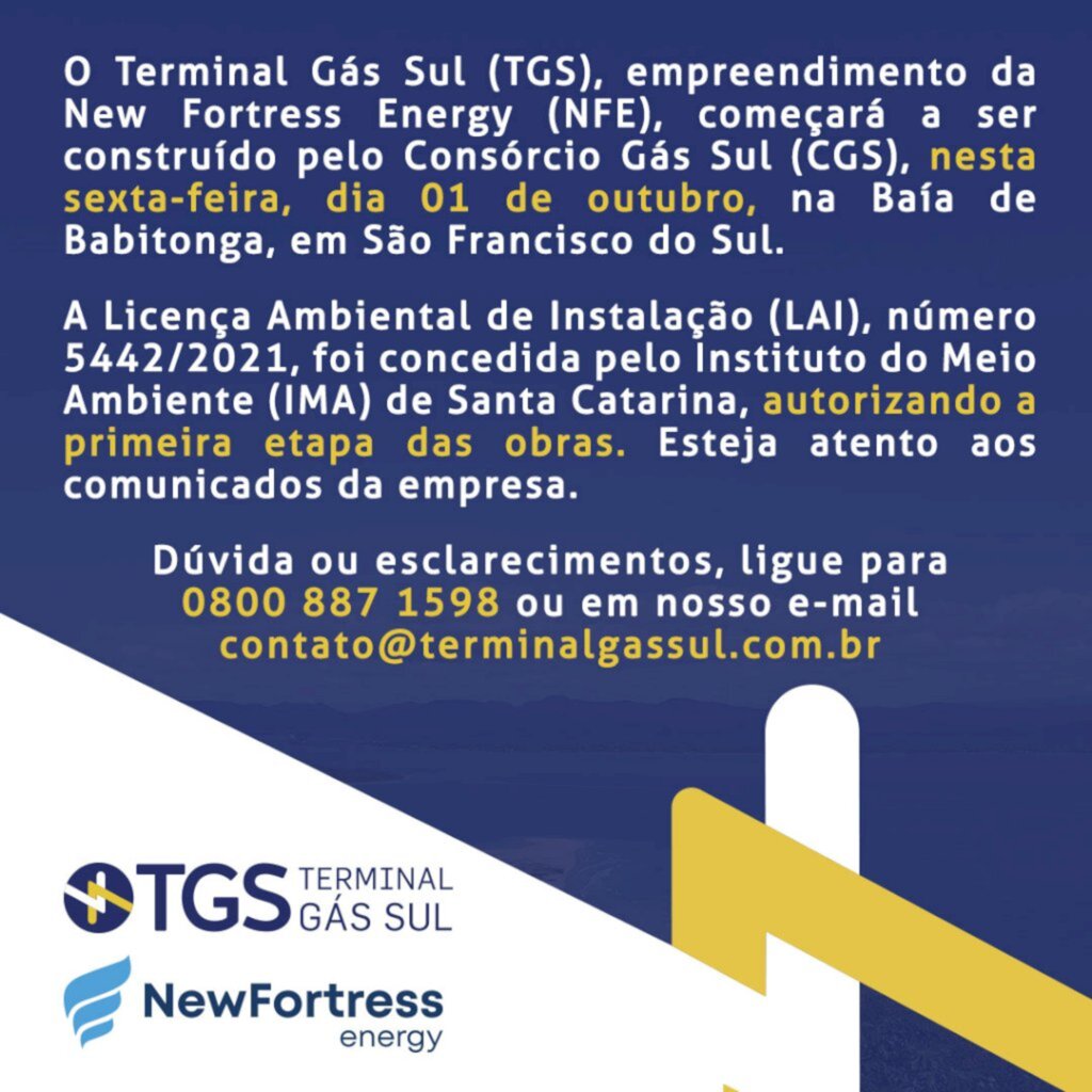 Terminal Gás Sul TGS comunica o início da construção do empreendimento na Baia Babitonga