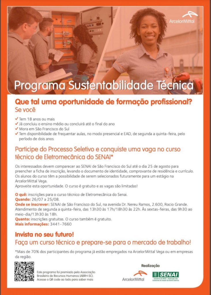 Curso gratuito do SENAI em parceria com ArcelorMittal Vega abre inscrições para nova turma