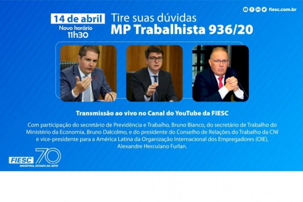 Tire suas dúvidas sobre a MP 936/20, dia 14 de abril, às 11h30, ao vivo no YouTube da FIESC