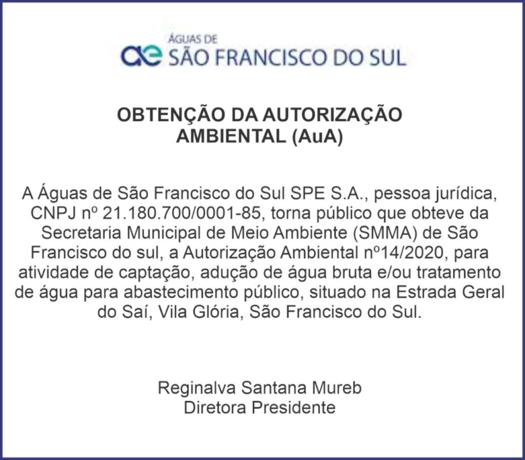 Águas de São Francisco do Sul divulga Edital obtenção de autorização ambiental