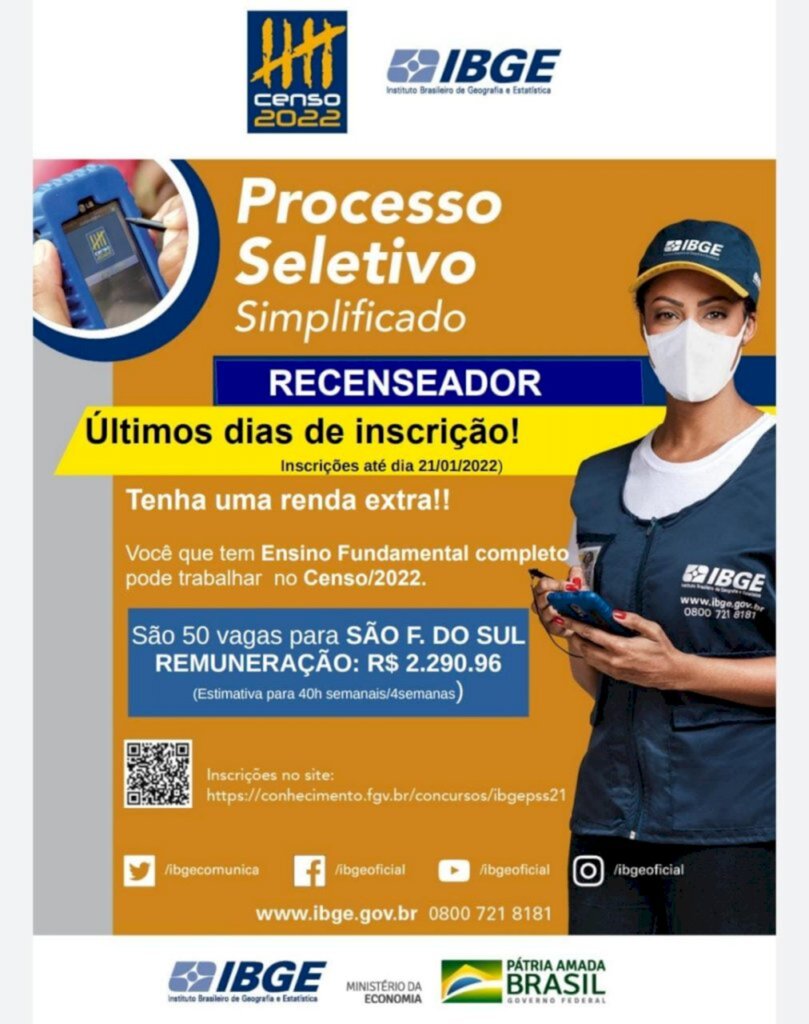 As inscrições para recenseador no município seguem até dia 21