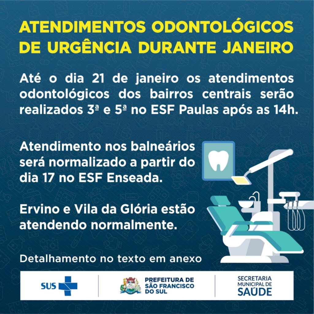 Atendimentos odontológicos de urgência durante o mês de janeiro