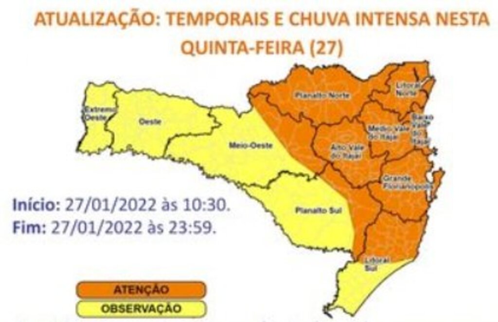 SC tem alerta para temporais e chuva intensa nesta quinta-feira; veja as regiões com alto risco