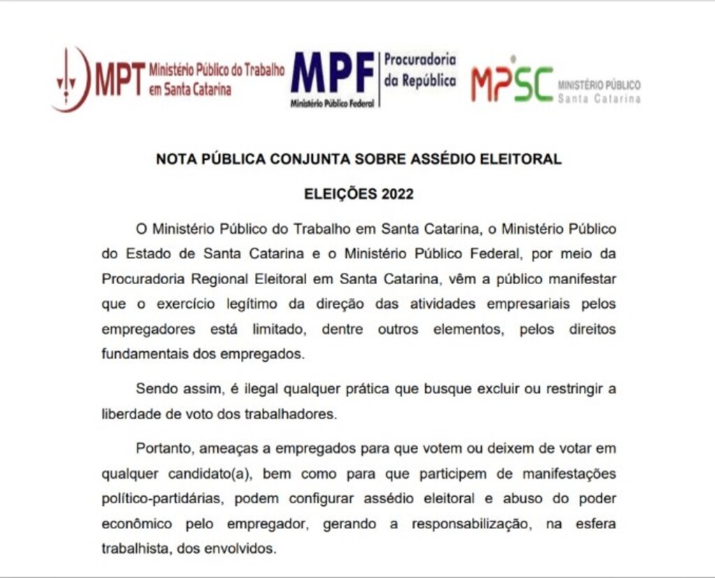 Nota pública conjunta do MPT-SC, MPSC e MPF assegura rigor na apuração de assédio eleitoral no trabalho