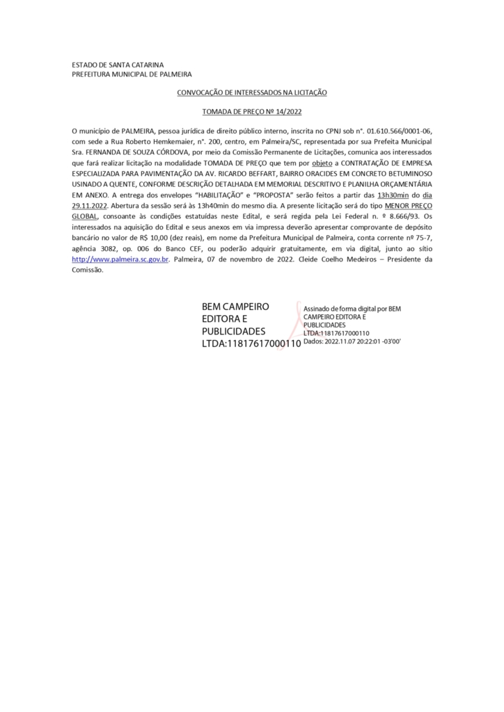 CONVOCAÇÃO DE INTERESSADOS NA LICITAÇÃO - TOMADA DE PREÇO Nº 14/2022