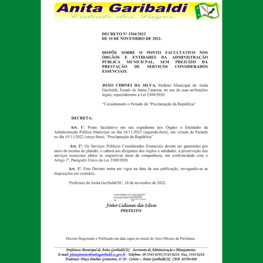 Publicado Decreto sobre ponto facultativo na Administração Pública Municipal de Anita Garibaldi em 14/11/2022