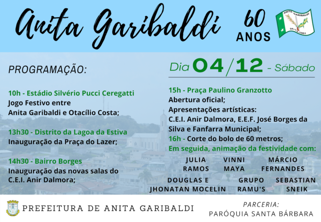 Anita Garibaldi celebrará 60 anos com programação especial