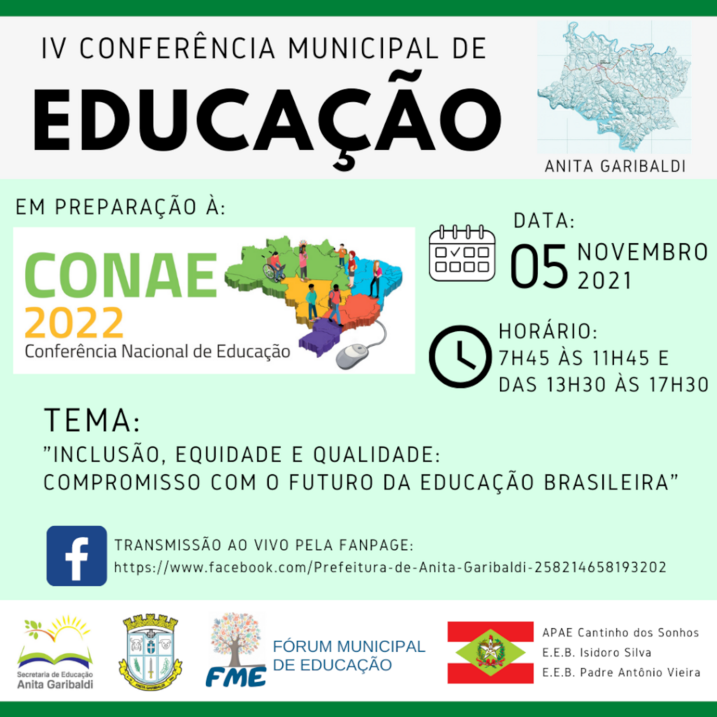 Convite para a IV Conferência Municipal de Educação de  Anita Garibaldi