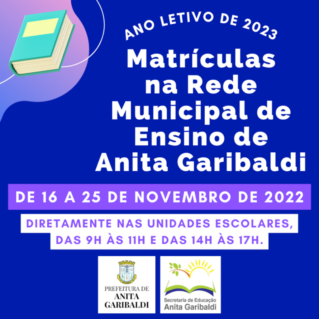 Matrículas na Rede Municipal de Ensino de Anita Garibaldi estarão abertas de 16 a 25/11