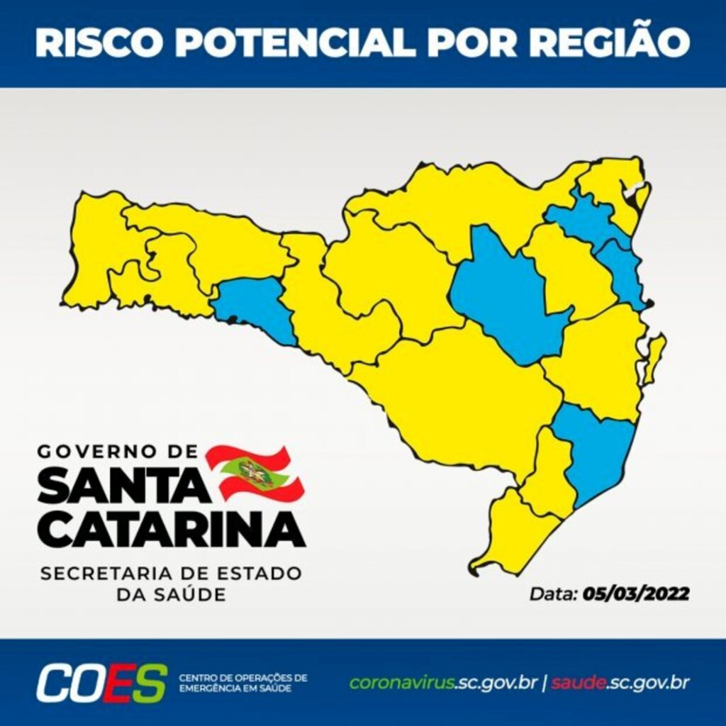 Matriz de risco potencial regionalizado aponta cinco regiões no nível moderado (azul) e 12 no nível alto (amarelo)