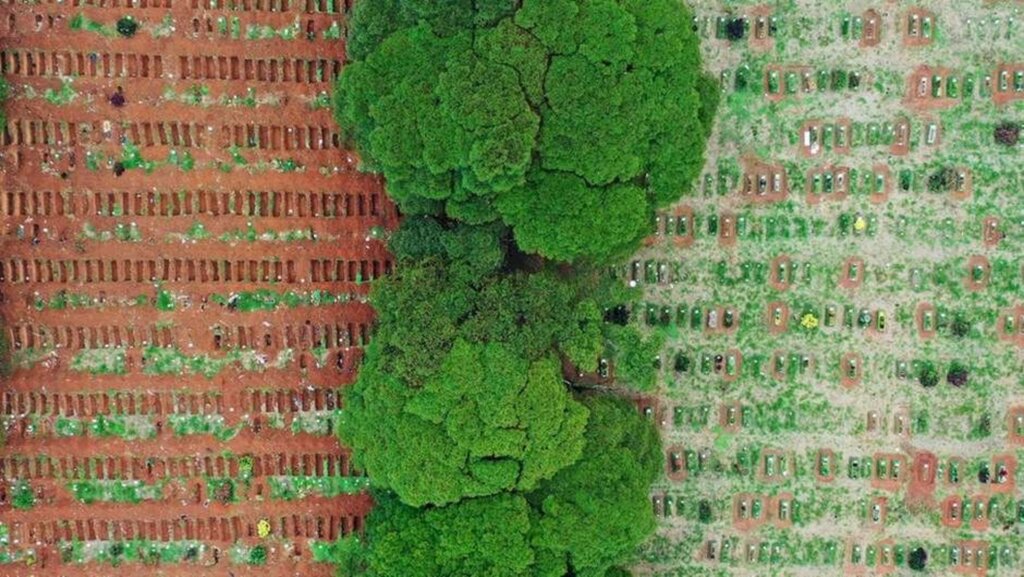 Mario Tama/Getty Images / BBC News Brasil - Imagem aérea do cemitério de Vila Formosa (SP), com valas abertas à esquerda e valas preenchidas à direita