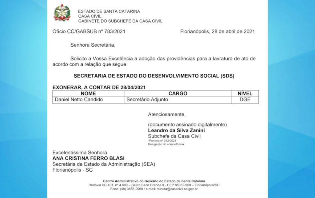 Governo de SC exonera secretário-adjunto de Desenvolvimento Social