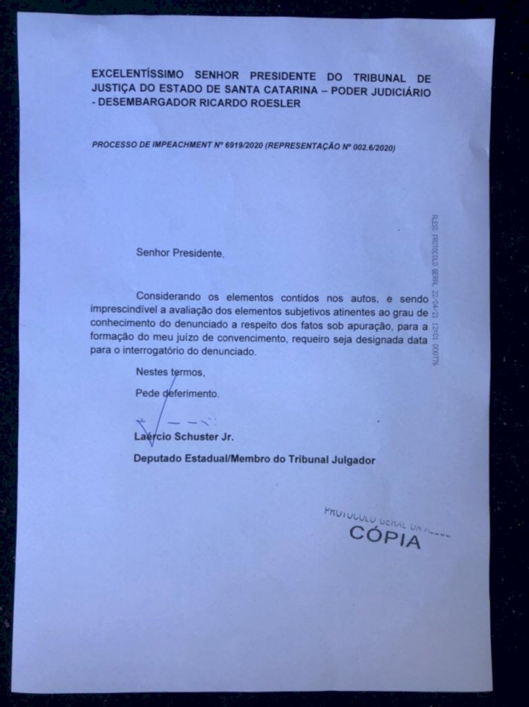 Impeachment: Laércio Schuster pede que Moisés seja interrogado pelo tribunal misto