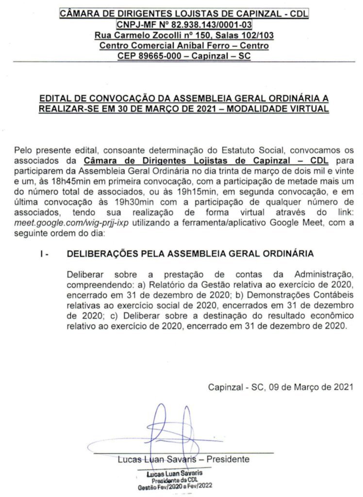 EDITAL DE CONVOCAÇÃO DA ASSEMBLEIA GERAL ORDINÁRIA