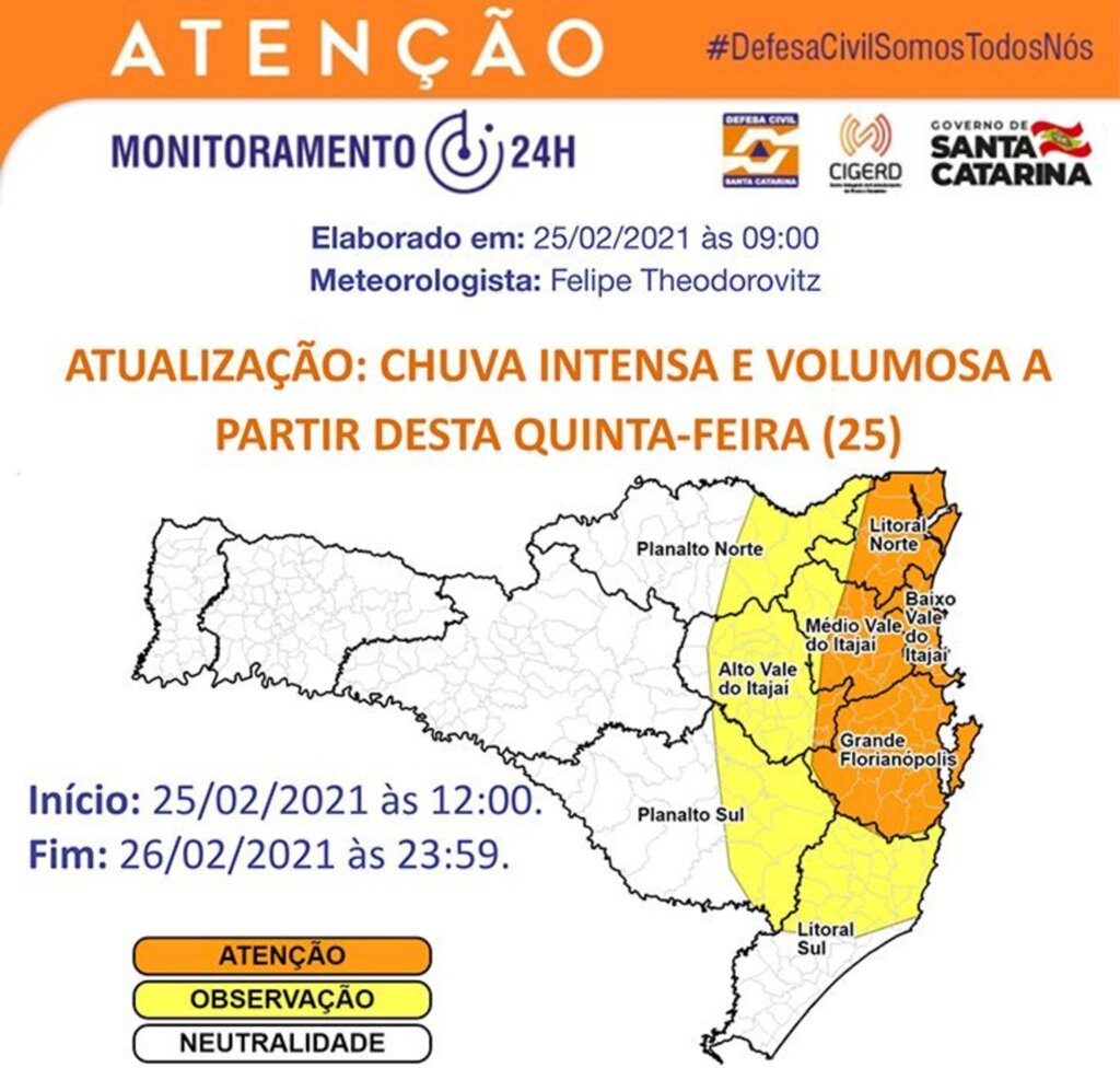 Defesa Civil emite alerta para elevados volumes de chuva nas próximas 24 horas