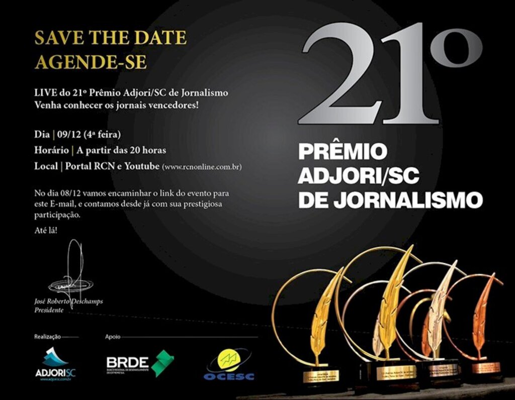 21ª edição do Prêmio Adjori/SC de Jornalismo acontece dia 9 de dezembro
