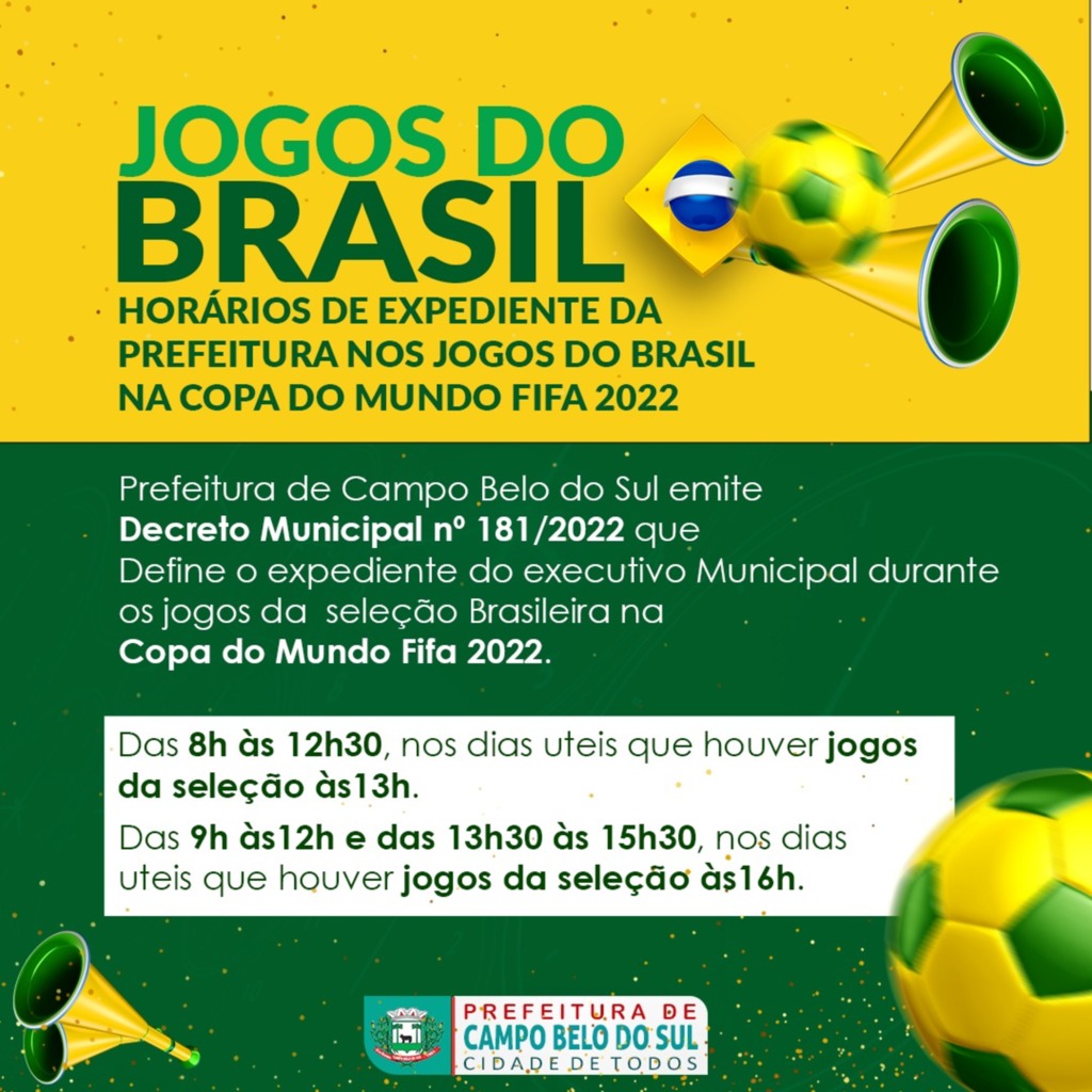 Horários de expediente em dias de jogos da Seleção na Copa do Mundo 2022 na Prefeitura de Campo Belo do Sul