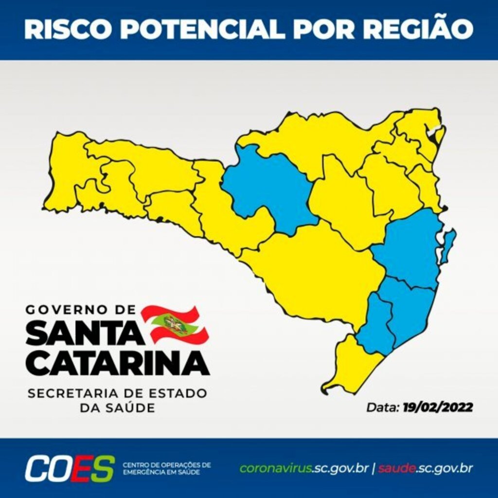 Assessoria de Comunicação - Secretaria de Estado de Saúde - A Matriz de Risco Potencial Regionalizado divulgada neste sábado, 19, aponta 13 regiões classificadas como risco potencial alto (cor amarelo) e 4 no nível de risco moderado (cor azul).