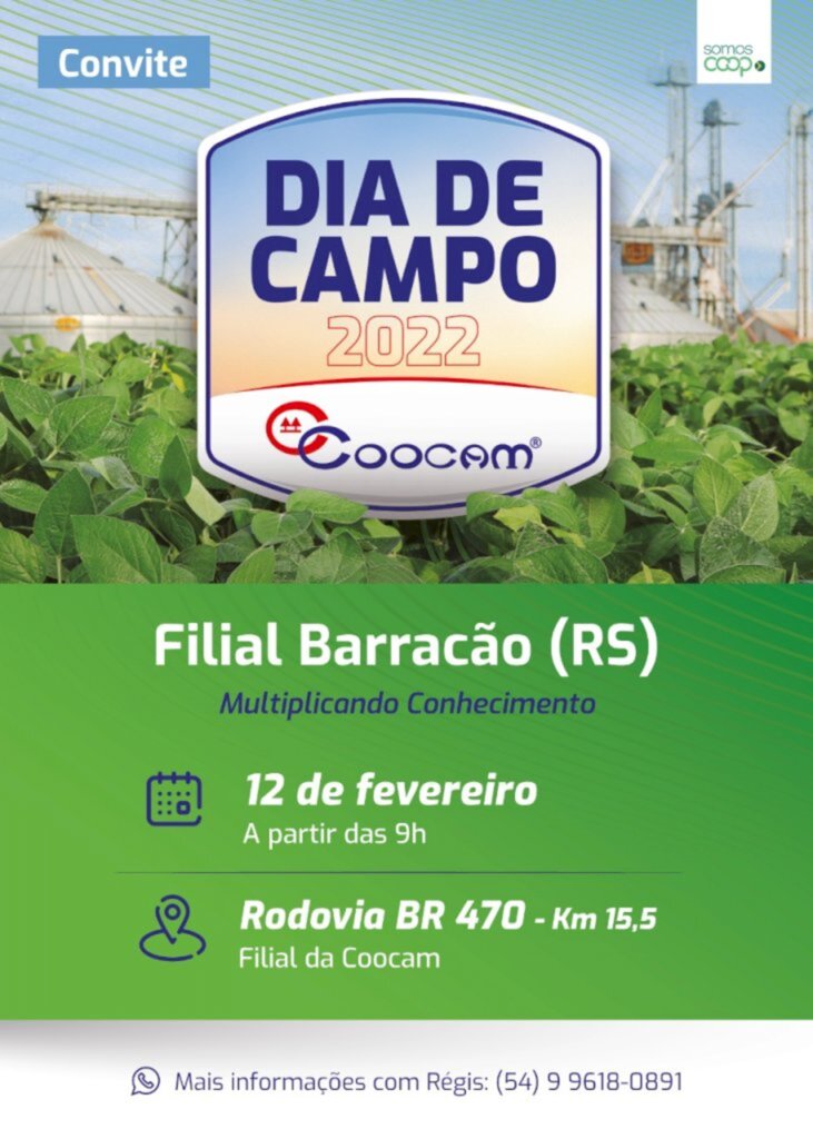 Comunicação Coocam - Gisiane - O evento será neste sábado, 12, com apresentações de novas cultivares e biotecnologias