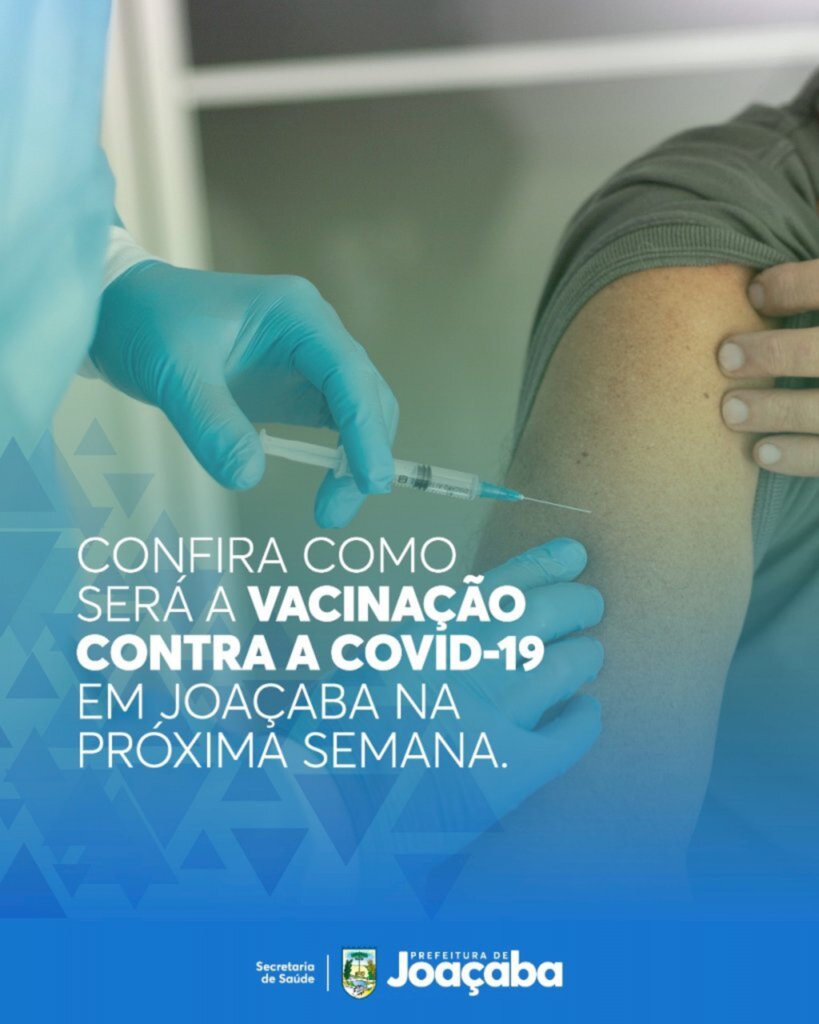 Prefeitura de Joaçaba - A Secretaria de Saúde de Joaçaba informa que na próxima semana será realizada a vacinação contra a Covid-19, no Parque Ivan Oreste Bonato, das 7h30 às 13h30.