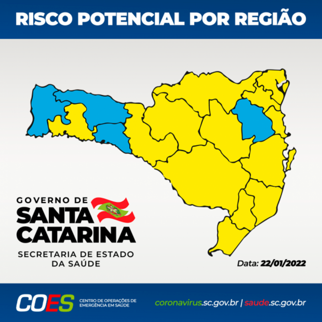 Assessoria de Comunicação - Secretaria de Estado da Saúde - SES - Os resultados do mapa de risco refletem o aumento no número de casos confirmados de Covid-19 nas três primeiras semanas de 2022. Isso causa reflexos na dimensão transmissibilidade onde é monitorado o número de casos ativos notificados no período e a velocidade de transmissão.