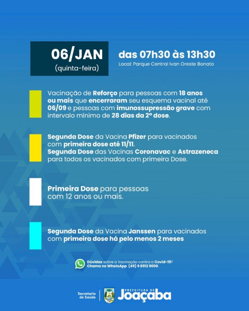 Prefeitura de Joaçaba - A Secretaria de Saúde de Joaçaba informa que na próxima semana será realizada uma vacinação contra a Covid-19, no Parque Ivan Oreste Bonato, das 7h30 às 13h30.