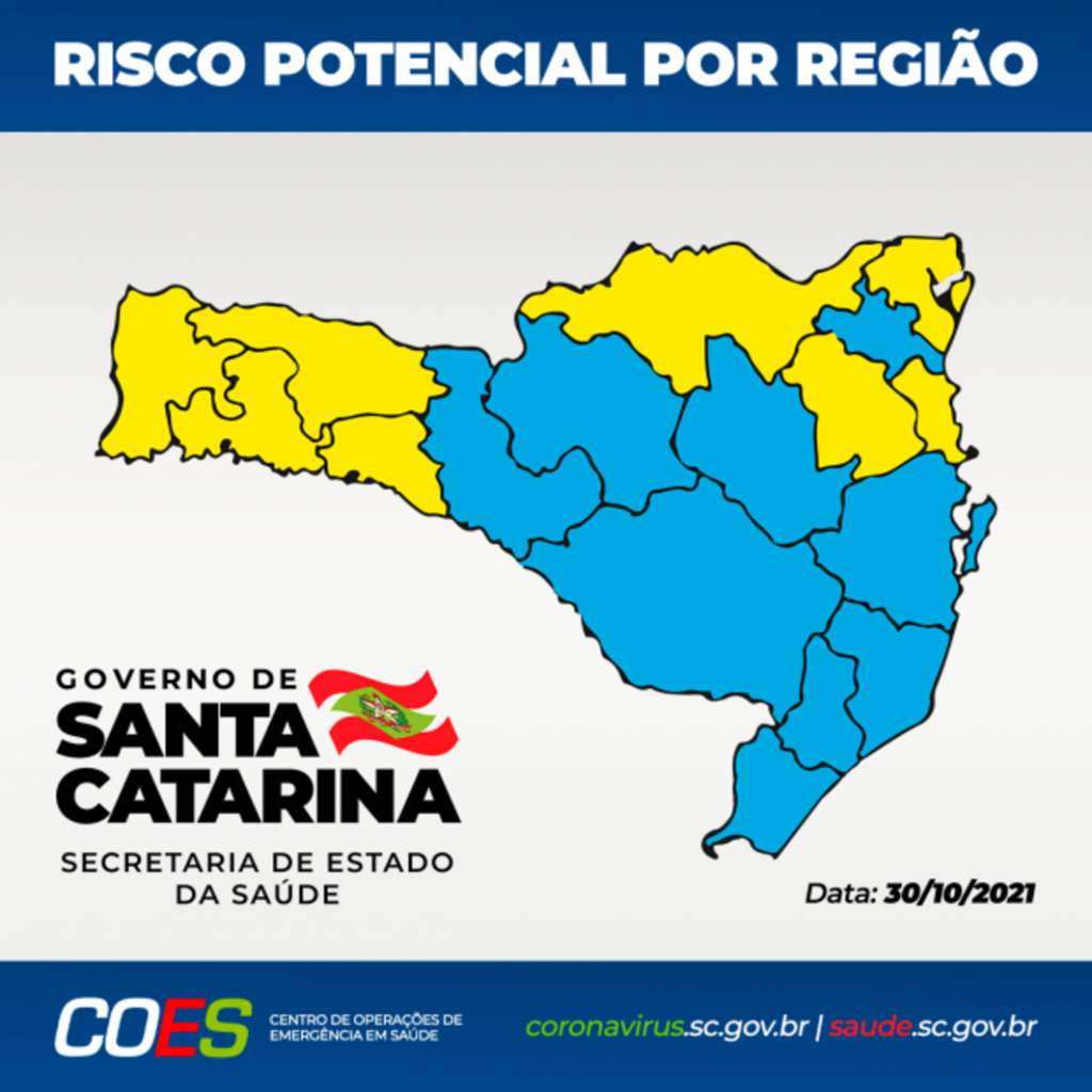  - Matriz de Risco Potencial Regionalizado divulgada neste sábado, 30, aponta nove regiões como risco potencial moderado (cor azul) e oito regiões como risco potencial alto (cor amarela).