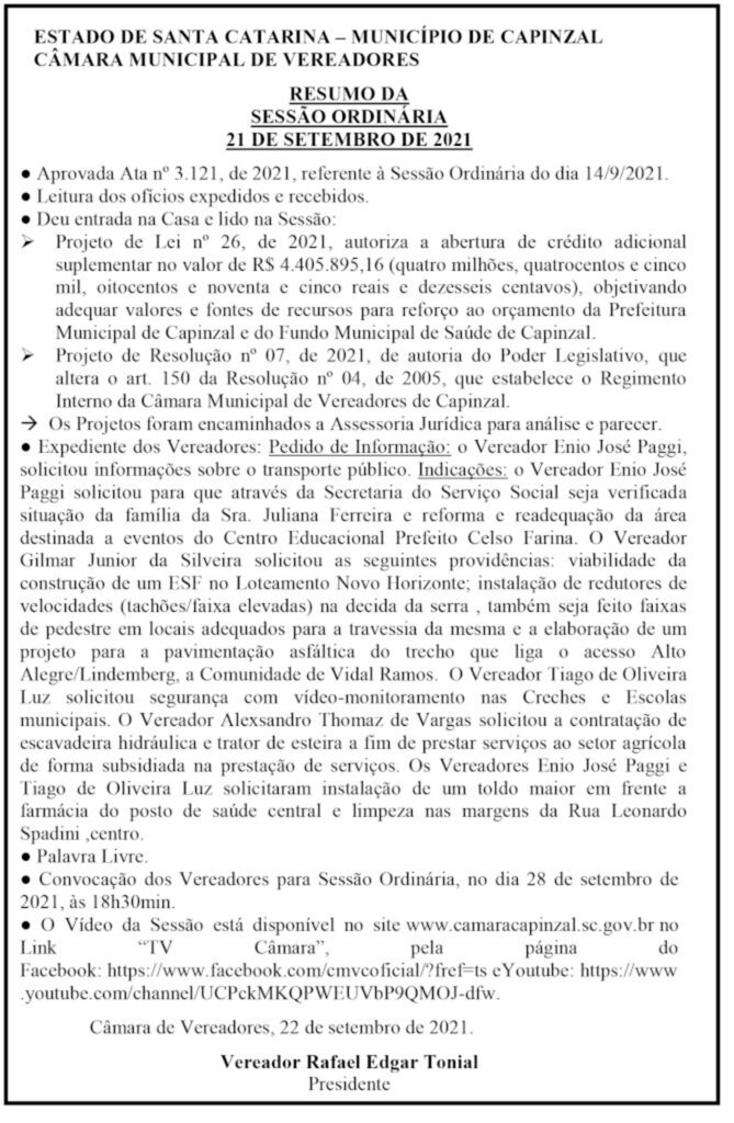  - CÂMARA MUNICIPAL DE VEREADORES  RESUMO DA SESSÃO ORDINÁRIA  21 DE SETEMBRO DE 2021