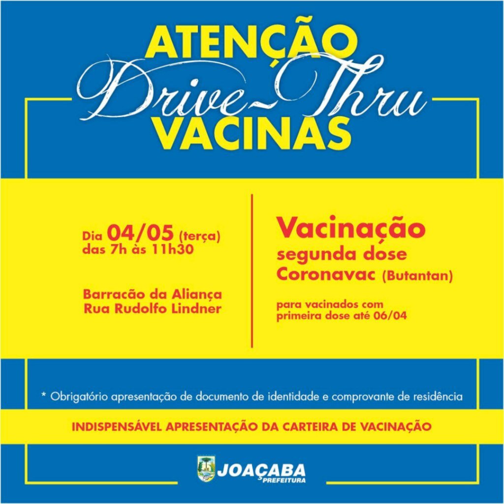 Assessoria de Imprensa / Prefeitura de Joaçaba - O horário da vacinação será das 7h às 11h30, no Barracão da Escola de Samba Aliança e é indispensável a apresentação da carteira de vacinação, documento de identidade e comprovante de residência.