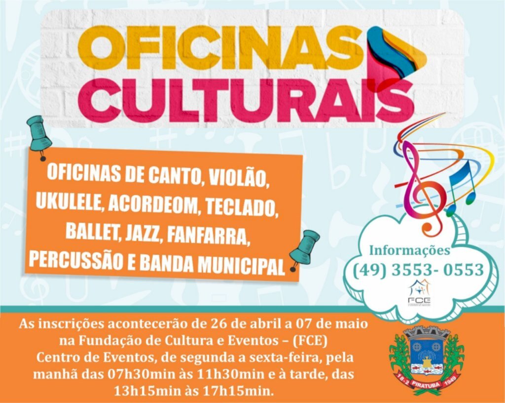 Ascom - Piratuba - O município de Piratuba, através da Fundação de Cultura e Eventos, ira retornar com as atividades presencias a partir do dia 10 de maio, nas oficinas culturais, cumprindo-se os devidos protocolos sanitários em razão da pandemia de Covid-19.