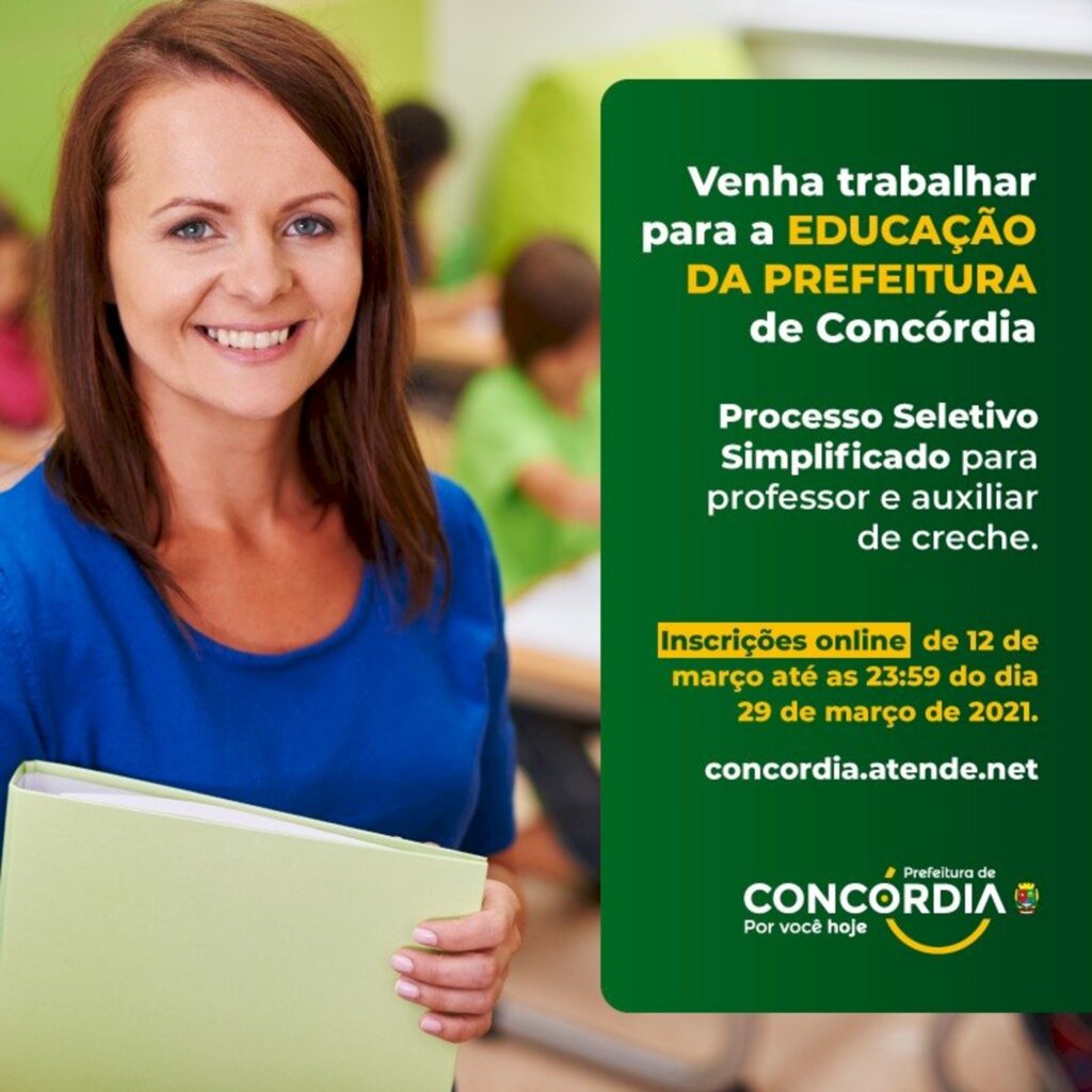 Lana Correa Pinheiro / Jornalista - SECOM - Inscrição é exclusivamente pela internet, no site da Prefeitura (concordia.atende.net), até 29 de março. Classificação será por prova de títulos