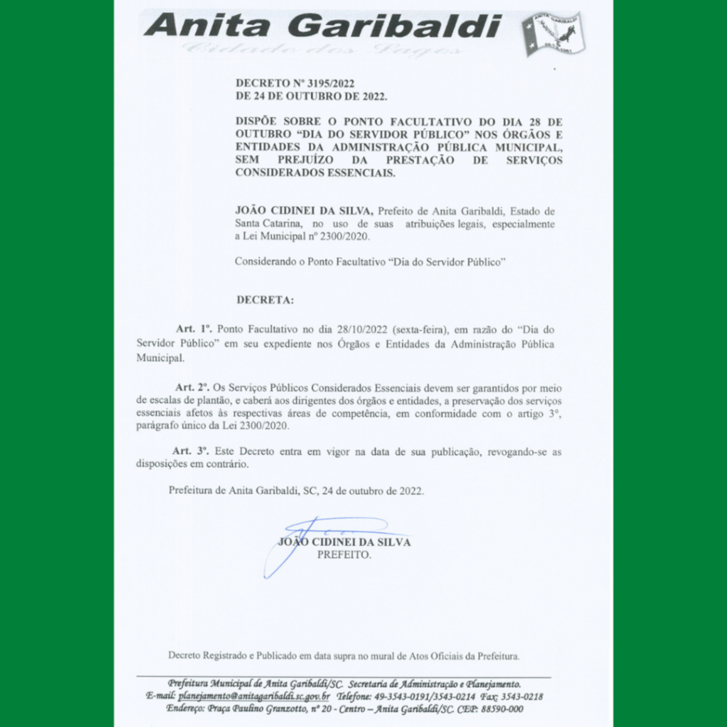 Ponto facultativo na Administração Pública Municipal Anitense nesta sexta-feira (28)