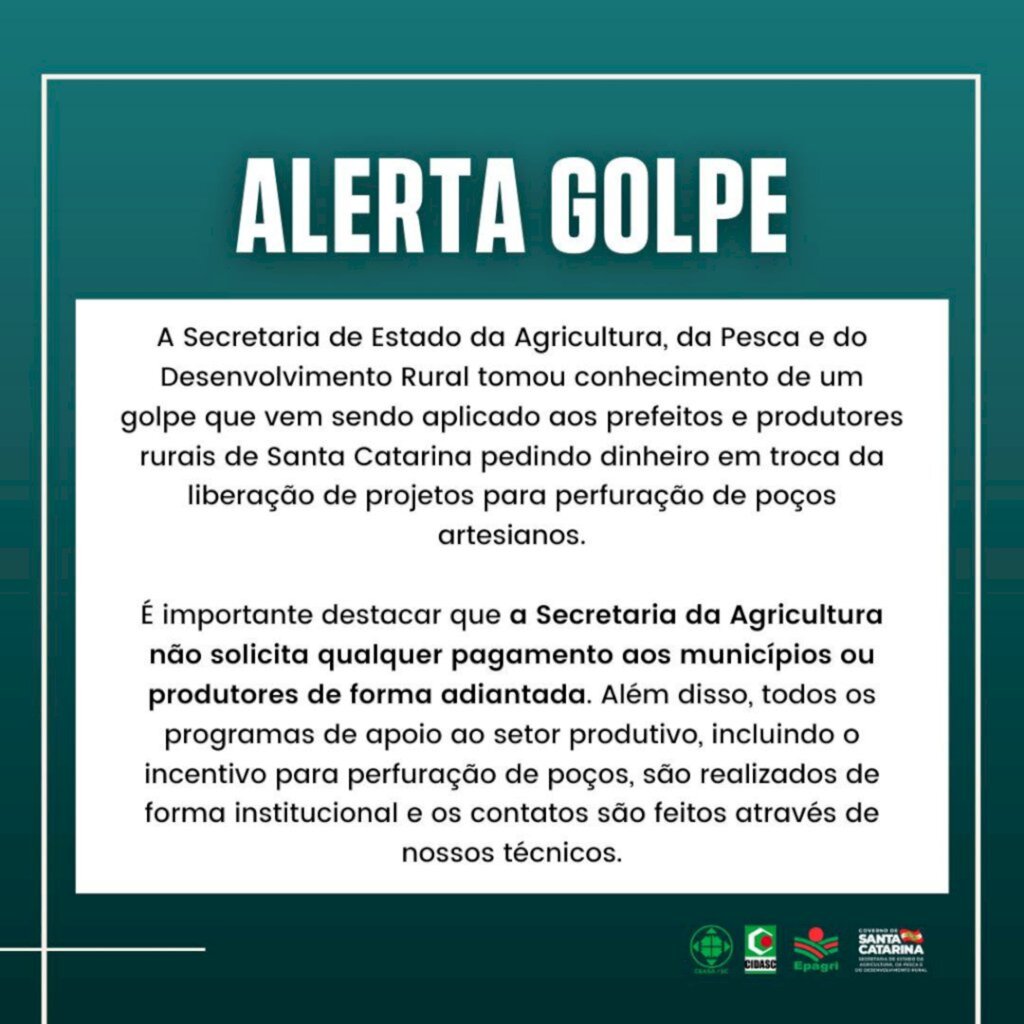 Ana Ceron / Assessoria de Imprensa / Secretaria de Estado da Agricultura, da Pesca e do Desenvolvime - Segundo as informações preliminares, diversos prefeitos e produtores rurais têm recebido o contato de uma pessoa que se apresenta como funcionário da Secretaria da Agricultura e solicita um pagamento no valor de R$ 2 mil para auxiliar nos trabalhos de perfuração de poços no município ou propriedade.