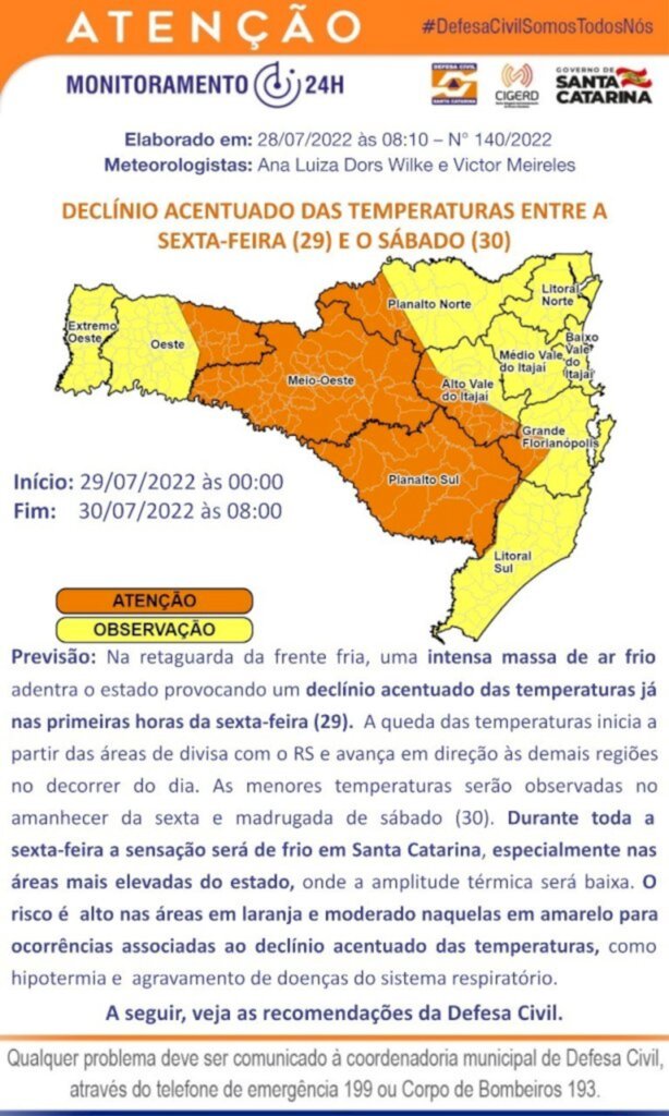 Defesa Civil de Santa Catarina alerta para temporais, ventos intensos e temperaturas baixas