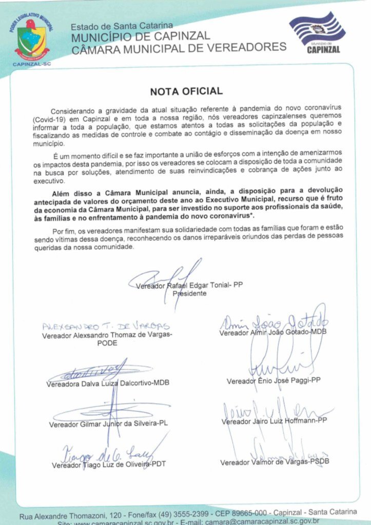 Nota Oficial da Câmara Municipal de Vereadores