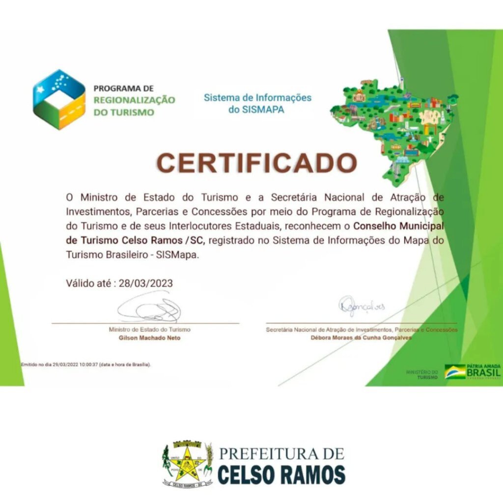 Celso Ramos recebe certificado de integração do Mapa do Turismo Brasileiro - SISMapa