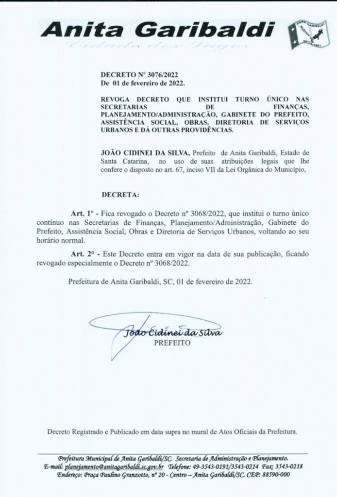 Horário retorna ao normal em  setores públicos municipais que estavam em turno único em Anita Garibaldi