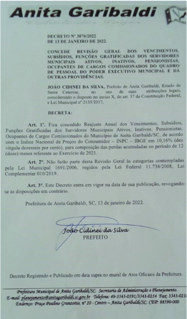 Município de Anita Garibaldi concede reajuste anual a servidores municipais