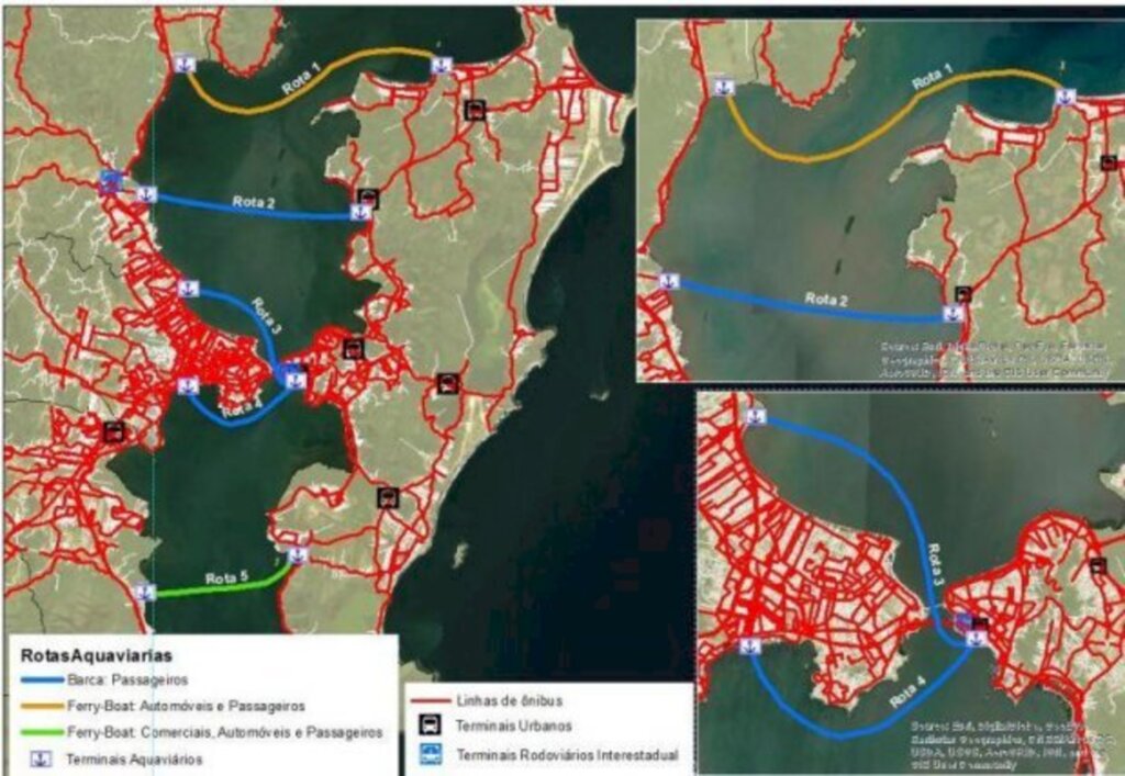 Imagem: SIE - Em princípio, as cinco rotas que estão em análise são as travessias entre Tijuquinhas e Canasvieiras; Biguaçu e Santo Antônio de Lisboa; São José (Barreiros) à região central de Florianópolis (Centrosul); Beira Mar de São José e Beira Mar Norte; e Palhoça (Pontal) e Tapera.