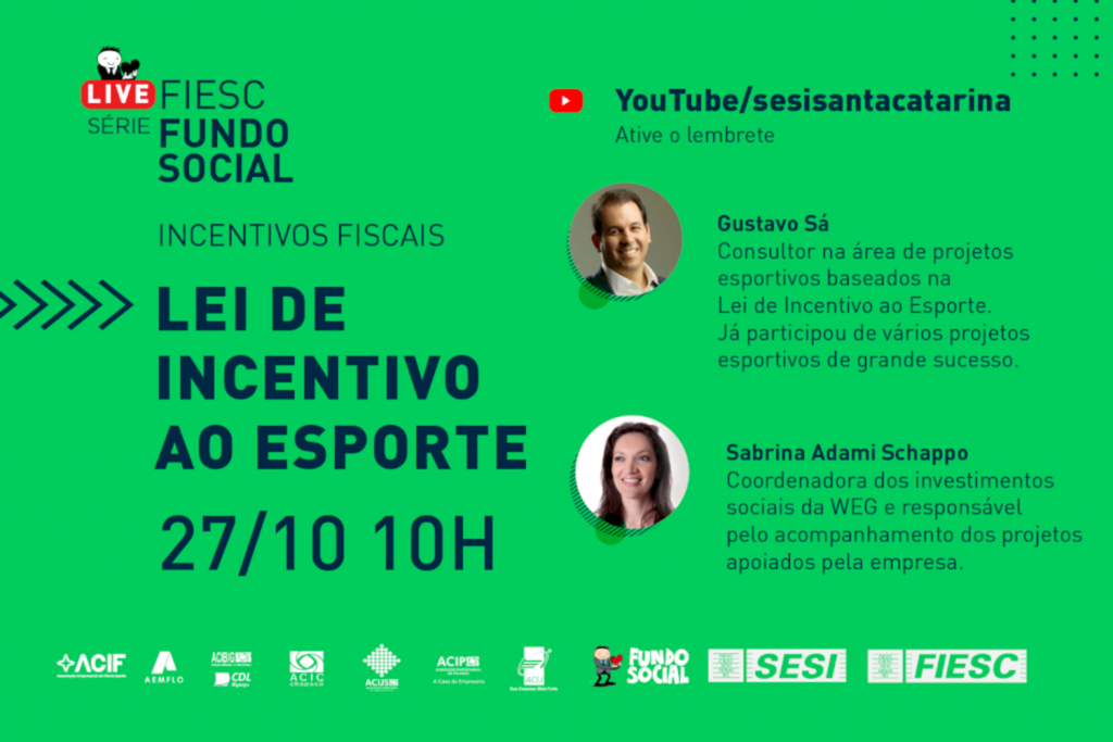  - Live que se inicia às 10h, com transmissão no canal do SESI no YouTube, terá participação da WEG, indústria de Jaraguá do Sul que aporta recursos em diversos projetos esportivos; inscrições são gratuitas