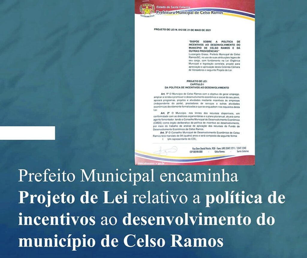 Município de Celso Ramos apresenta projeto de lei para incentivo ao desenvolvimento